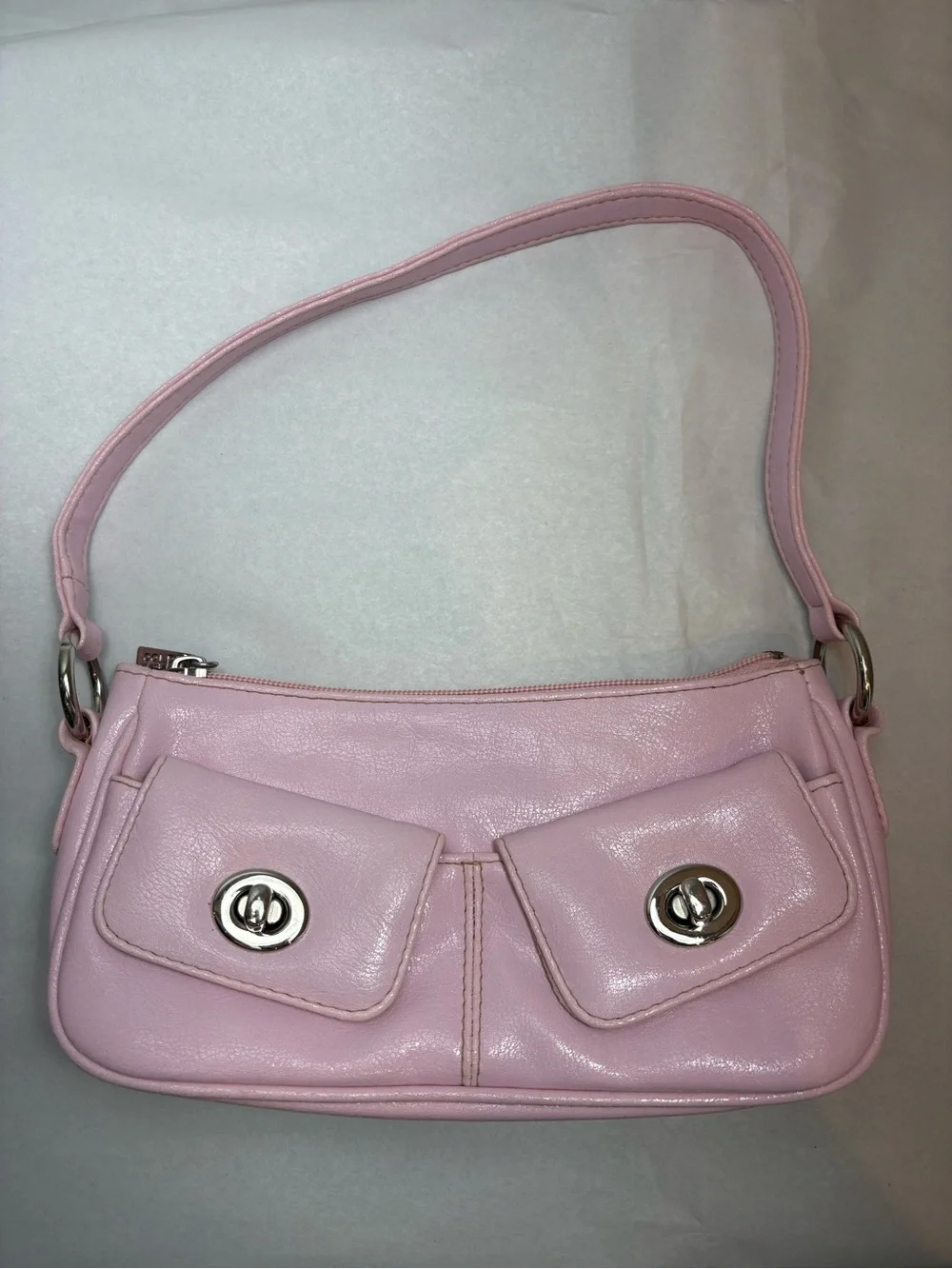 Pink Leather Shoulder Bag with Front Turn-Lock Pockets - Picture 1 of 4